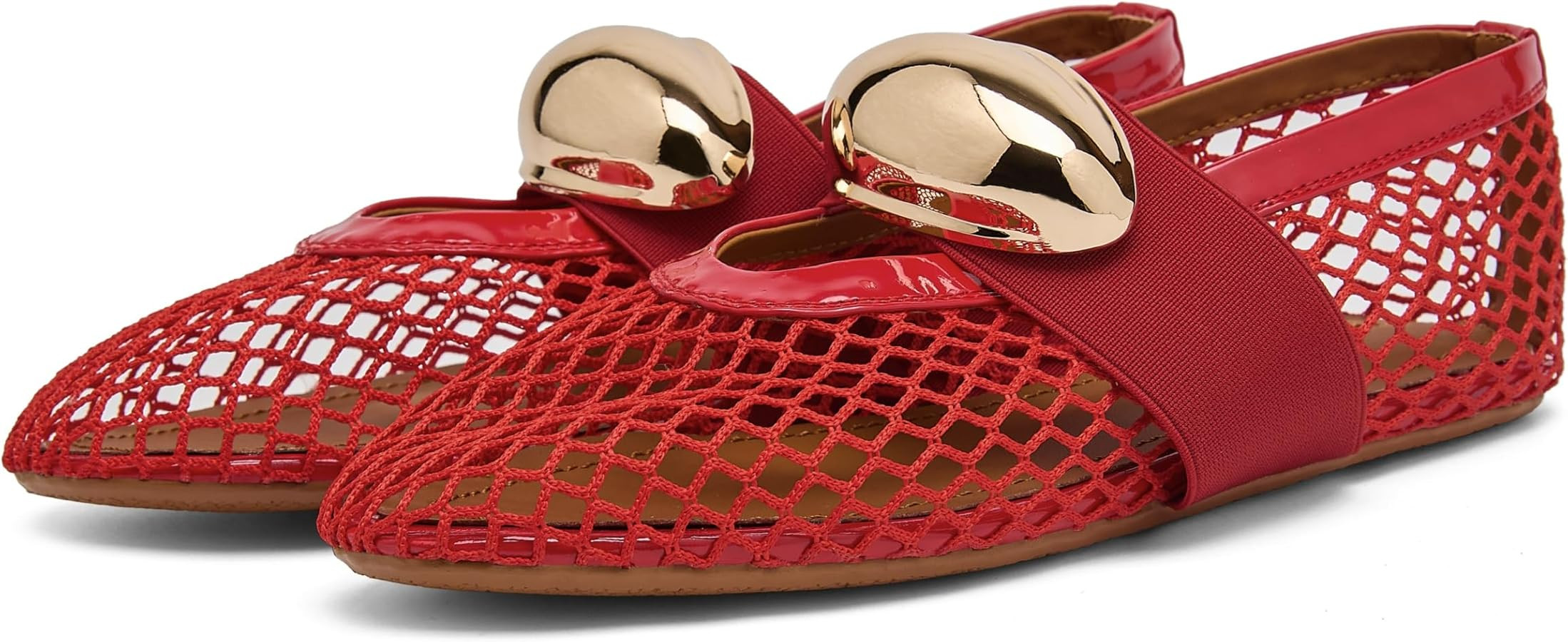 Mesh Ballet Flats for Women Gold Strap Fishnet Flats Round Toe Mary Jane Flats Casual Comfy Daily... | Amazon (US)