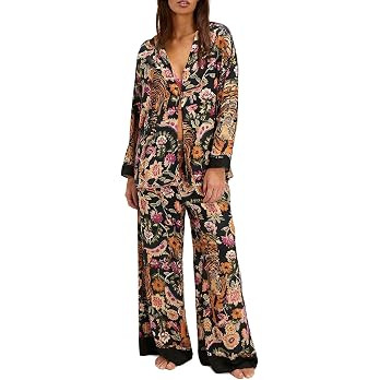 Women Satin Pajama Set Floral Silk Pajamas 2 Piece Lounge Sets Button Down Shirts Wide Leg Pants ... | Amazon (US)