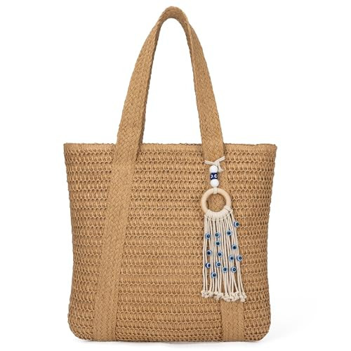 Summer Large Straw Bags For Women Travel Beach Totes Bag Woven Tote Handmade Shoulder Bag Handbag,Brown-B | Amazon (US)