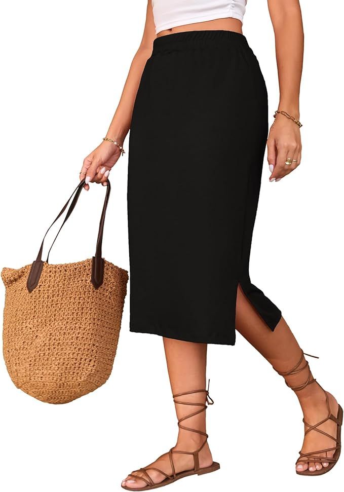 Naggoo Midi Skirts for Women Summer Elastic High Waisted Side Slit Long Skirt | Amazon (US)