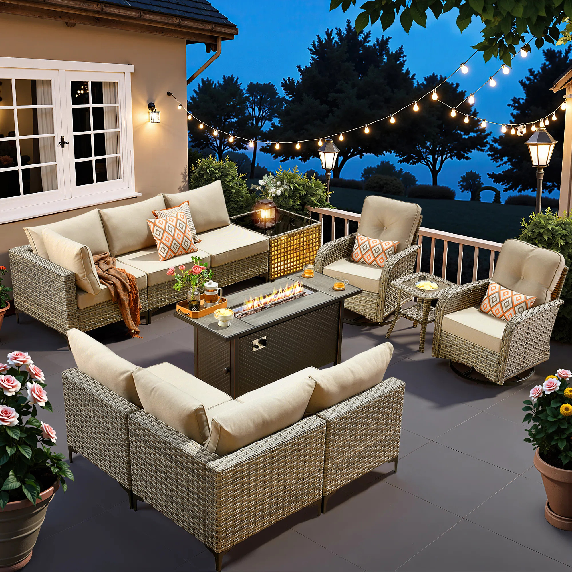 Sorella 11-Piece PE Wicker Outdoor Patio Furniture Set with 54" Propane Fire Pit Table & Solar-Po... | Wayfair North America