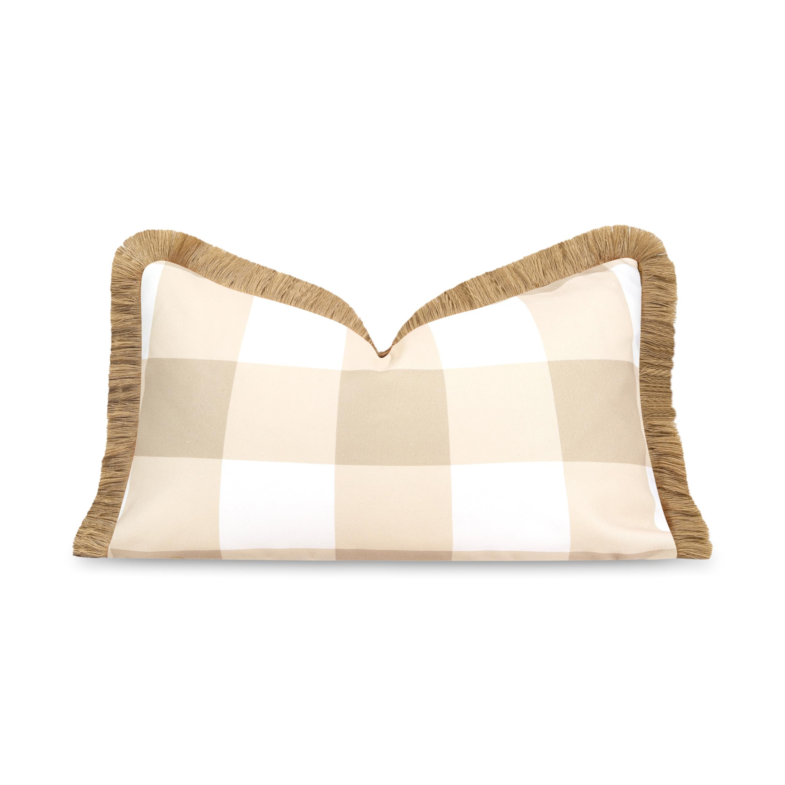 Hofdeco Premium Coastal Patio Indoor Outdoor Lumbar Pillow Cover Only, 12"x20" Water Repellent for Backyard, Couch, Neutral Tan Plaid with Fringe | Amazon (US)