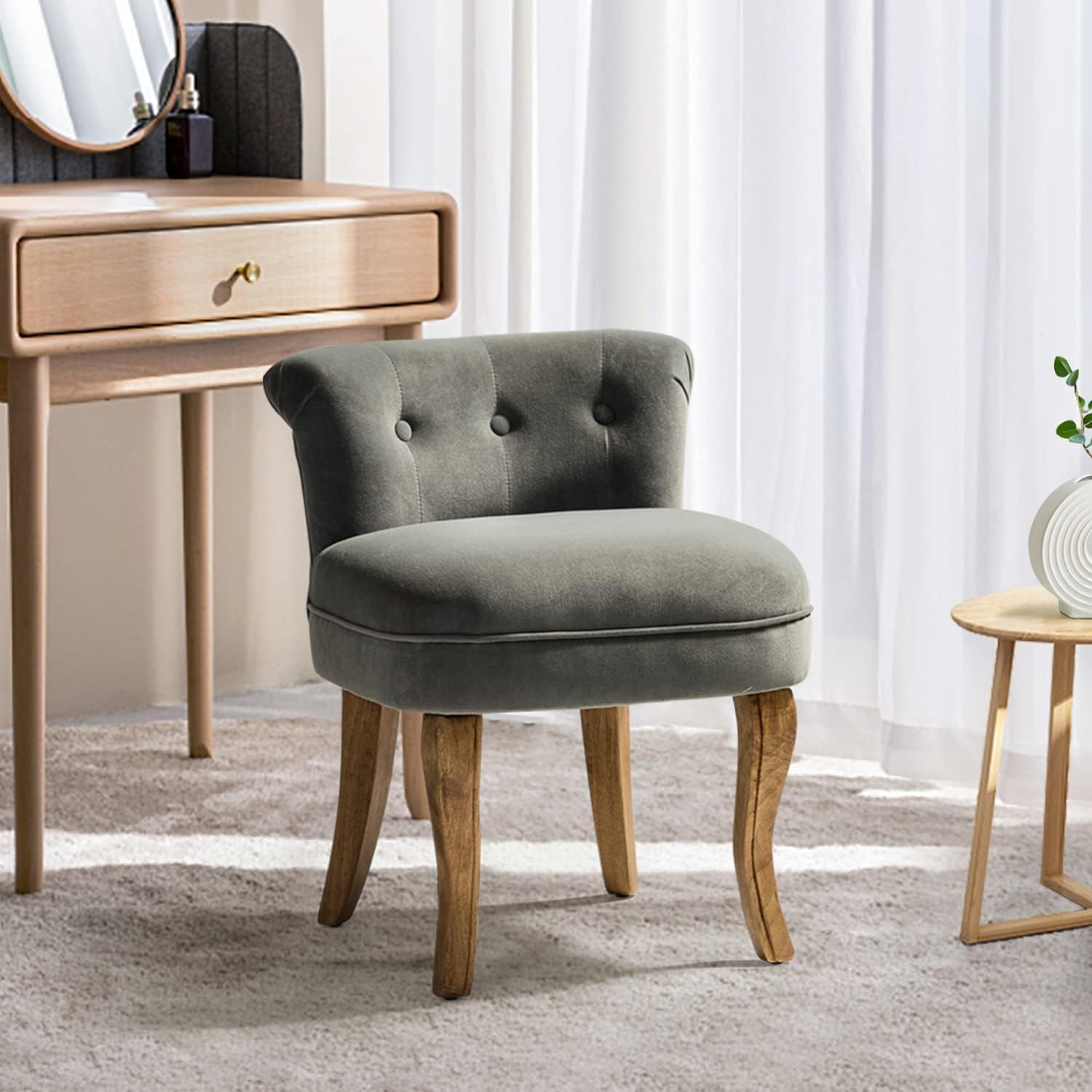 HULALA HOME Velvet Vanity Stool with Low Back, Grey | Amazon (US)