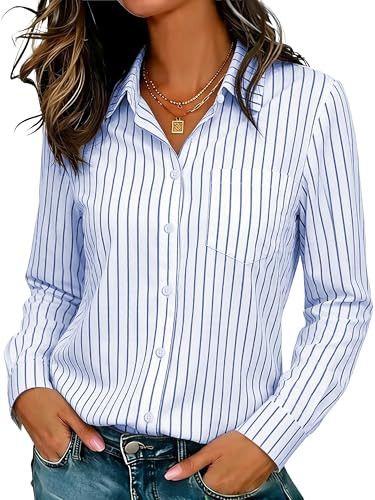 Oversized Blue Striped Shirts for Women Womens Collared Button Down Long Sleeve Shirt Wrinkle Free Casual Business Office Formal Work Shirts Fashion Summer Top White Blue Striped XL | Amazon (US)