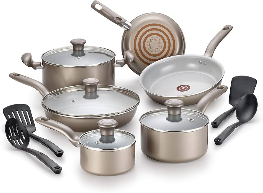 T-fal G919SE64 Initiatives Ceramic Nonstick Dishwasher Safe Toxic Free 14-Piece Cookware Set, Gol... | Amazon (US)