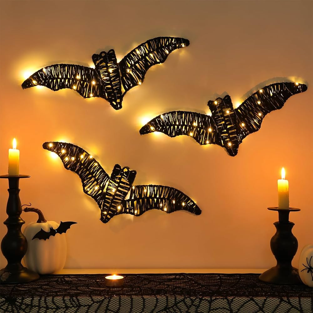 Halloween Decorations Indoor Wall Decor: Classic Black Rattan Bats with LED Lights, Rustic Farmho... | Amazon (US)