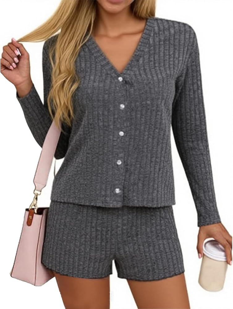 REVETRO Womens Sexy Pajama Sets Button Down Lounge Set 2 Piece Long Sleeve Knit Sweater Shorts Pa... | Amazon (US)