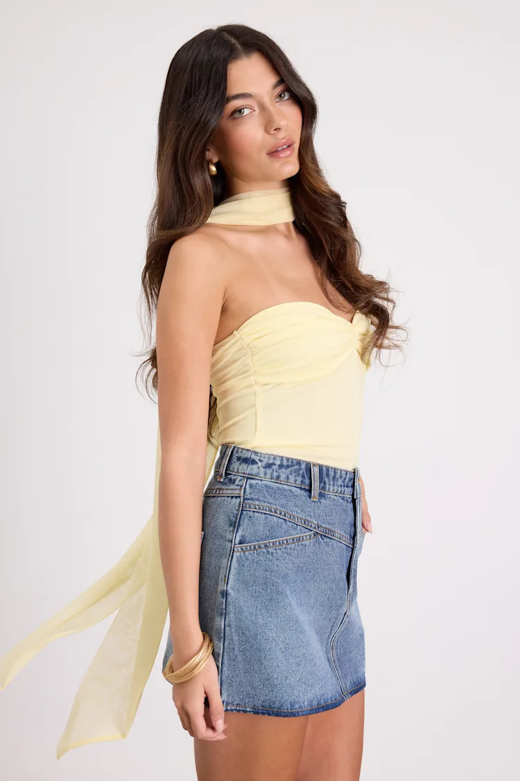 Genevieve Light Yellow Mesh Sash Scarf Strapless Top | Lulus