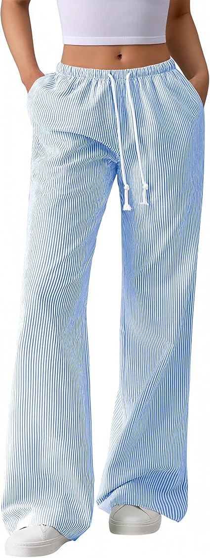 BTFBM Striped Wide Leg Pants for Women Summer 2026 | Drawstring Pants With Pockets, Breathable Li... | Amazon (US)