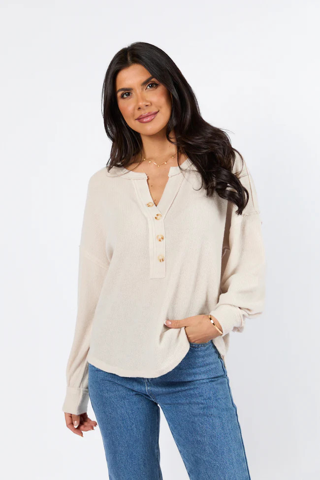 Any Other Way Oatmeal Brushed Rib Henley Knit Long Sleeve Top | Pink Lily