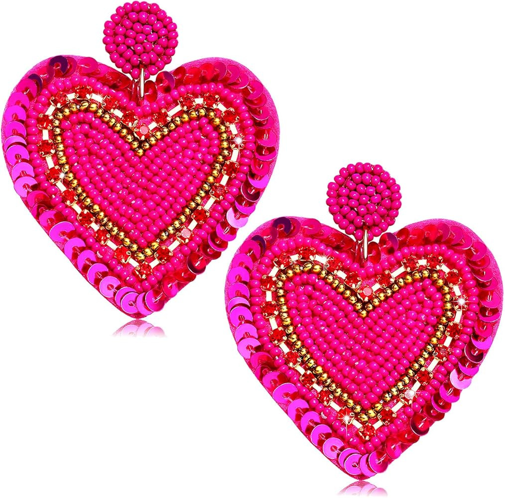 Valentine’s Beaded Heart Earrings for Women Rhinestone Love Heart Drop Dangle Earrings Statemen... | Amazon (US)