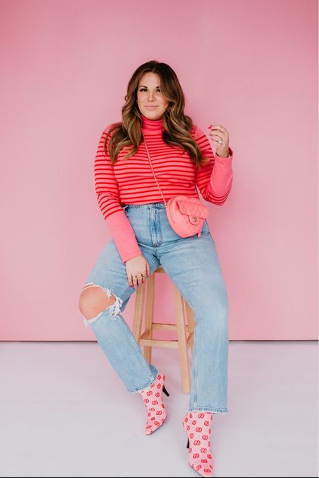 curvy pink and red casual outfit for Valentine’s Day! wearing size large in striped turtleneck and size 32 in denim 

#LTKSeasonal #LTKunder100 #LTKcurves