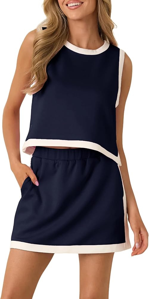 Women 2 Piece Skirt Set Colorblock Sleeveless Athletic Crop Top and High Waisted Sport Short Skor... | Amazon (US)