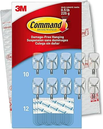 Command Small Clear Wire Hooks, 10 Hooks, 12 Strips - Easy to Open Packaging, Organize Damage-Fre... | Amazon (US)