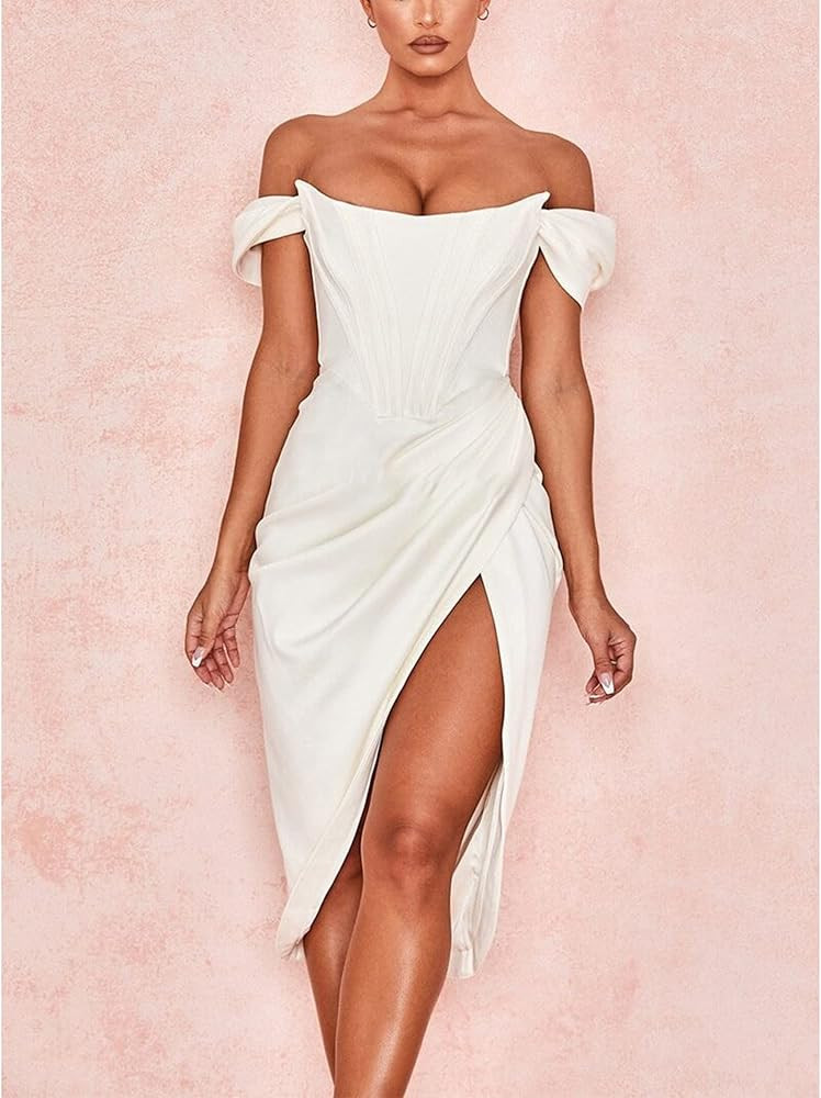Women Off Shoulder Cocktail Banquet Backless Dress High Split Bodycon Sleeveless Dress Wedding Guest | Amazon (US)