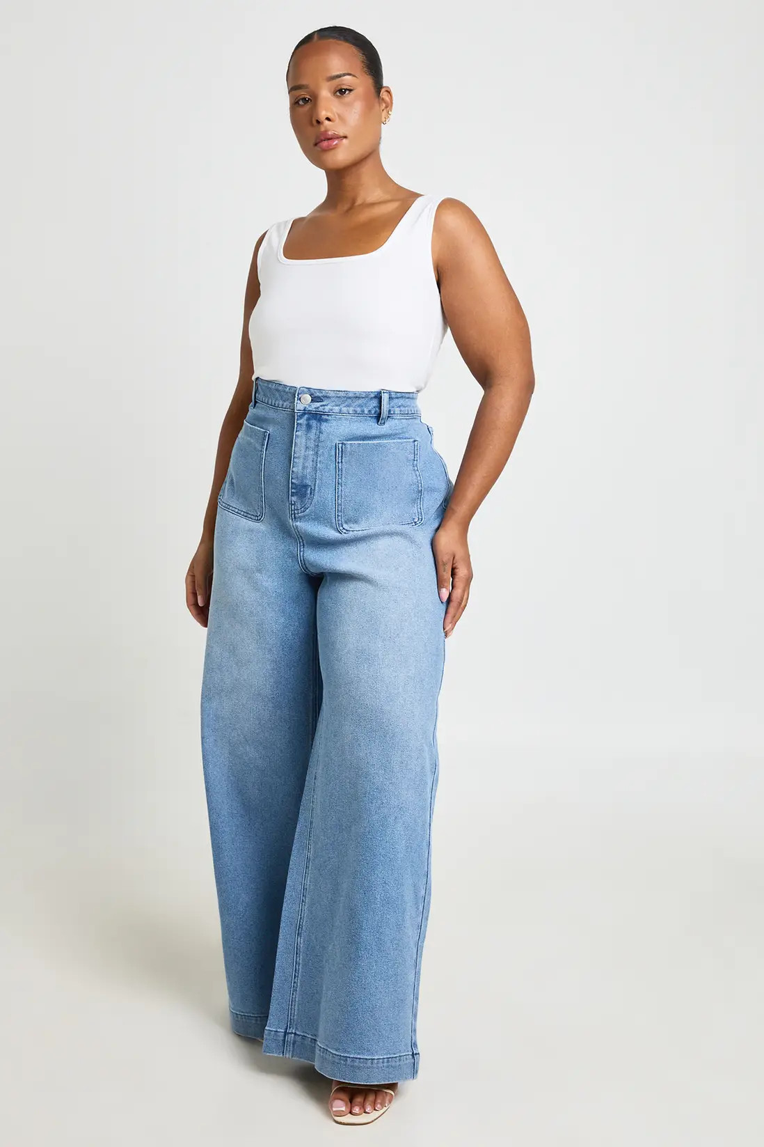 Mid Wash boohoo Plus High Waist Front Pocket Wide Leg Jean | PrettyLittleThing USA | PrettyLittleThing US