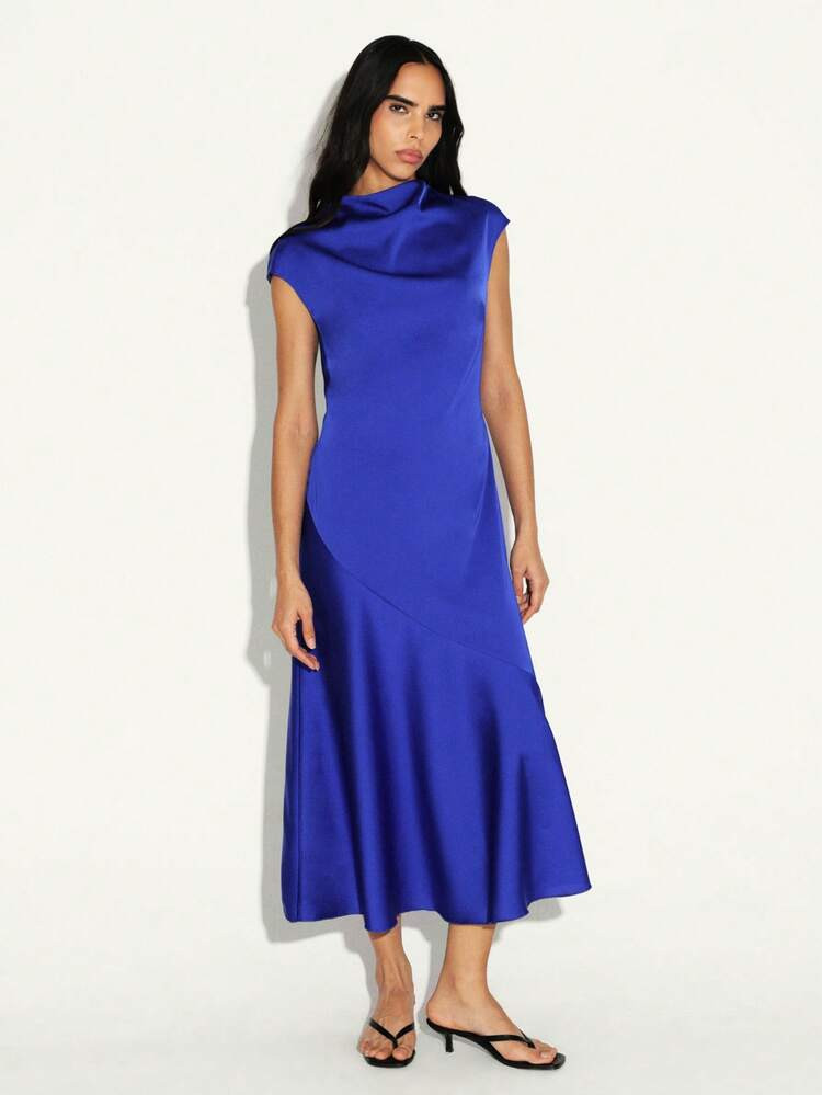 KSTM Women's Satin Draped Cowl Neck Sleeveless Midi Maxi Dress Elegant Party Evening Formal Occasion Asymmetrical Hem Blue | SHEIN