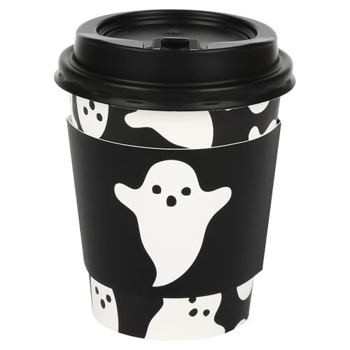 AimFun 50Pcs Halloween Ghost Disposable Coffee Cups with Lids and Sleeves 8oz Ghost Spooky Paper Party Cups Black White Boo Cold Hot Drinking Cups for Birthday Halloween Party Supplies | Amazon (US)