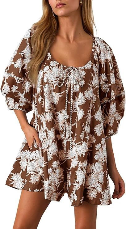 Cicy Bell Womens Summer Floral Romper Loose Scoop Neck Lantern Sleeve Short Jumpsuits Front Tie B... | Amazon (US)