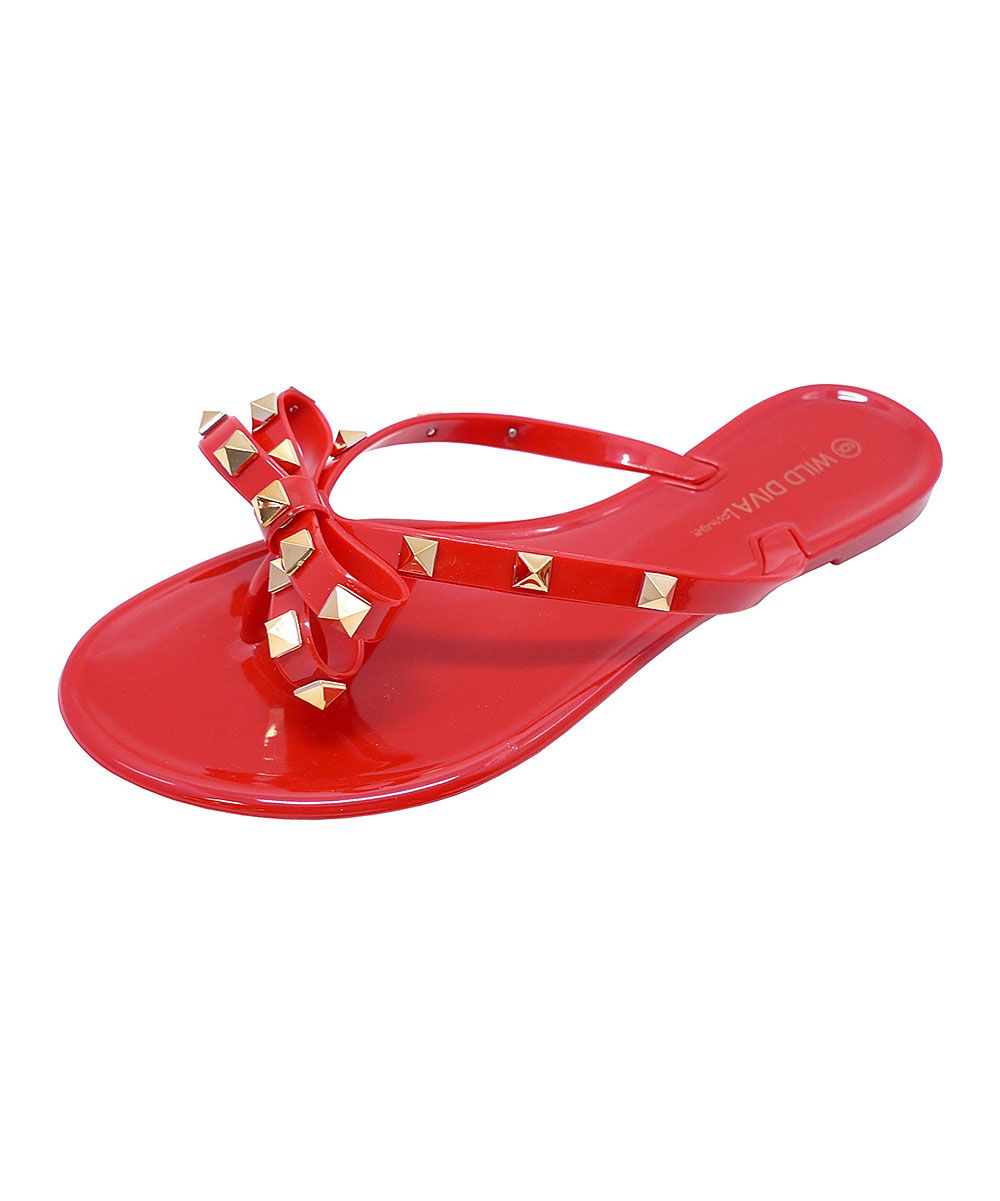 Wild Diva Women's Flip-Flops RED - Red & Goldtone Studded Bow Joanie Flip-Flop - Women | Zulily