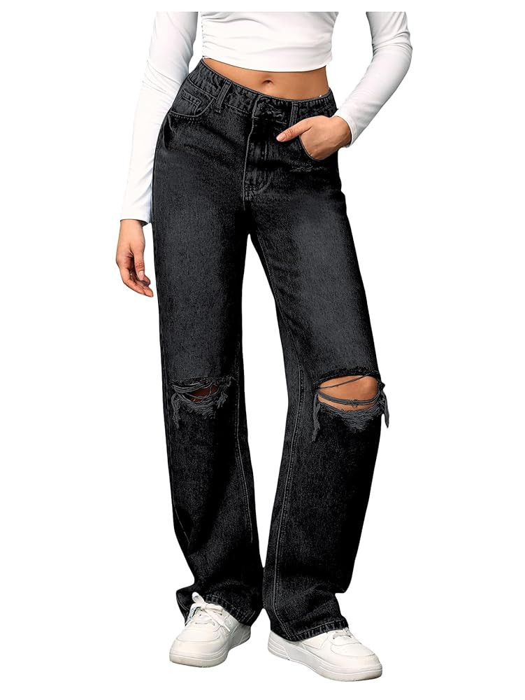 SweatyRocks Women's High Waist Ripped Straight Leg Jeans Boyfriend Style Distressed Denim Pants w... | Amazon (US)