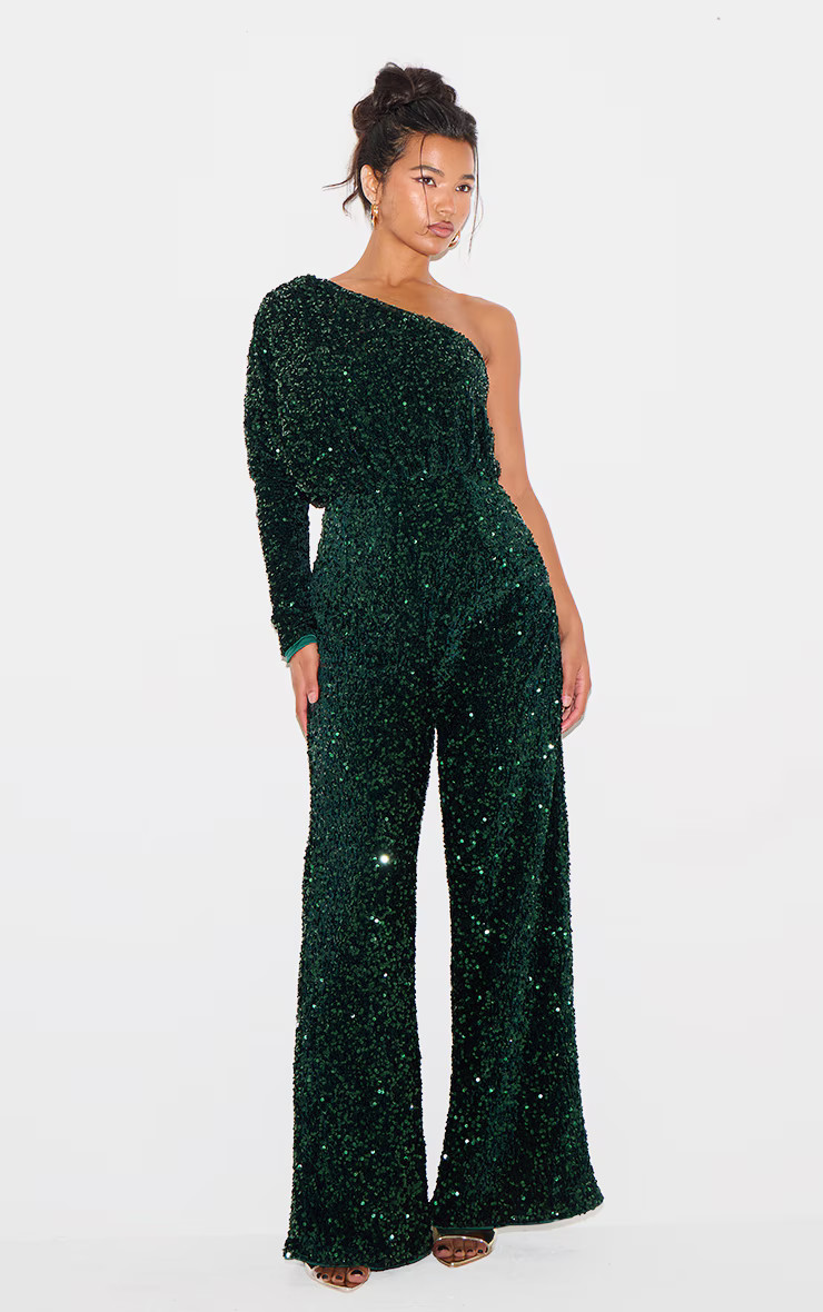 Emerald Green Velvet Sequin One Shoulder Wide Leg Jumpsuit | PrettyLittleThing UK