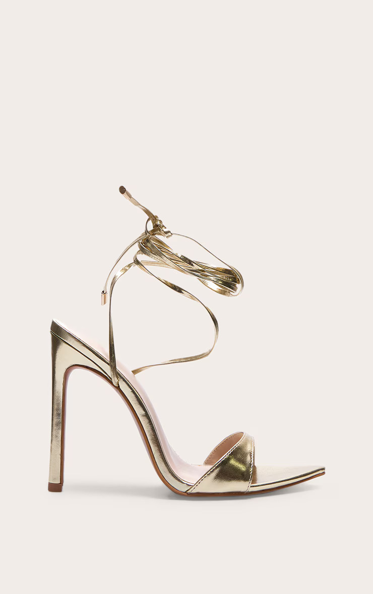 Gold PU Point Toe High Heeled Lace Up Sandals | PrettyLittleThing UK