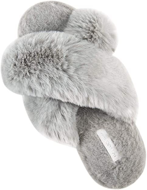 HALLUCI Women's Cross Band Soft Plush Fleece House Indoor or Outdoor Slippers | Amazon (US)