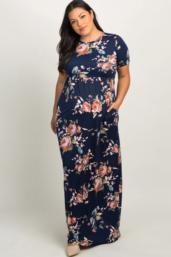 PinkBlush Navy Floral Short Sleeve Maternity Plus Maxi Dress | PinkBlush Maternity