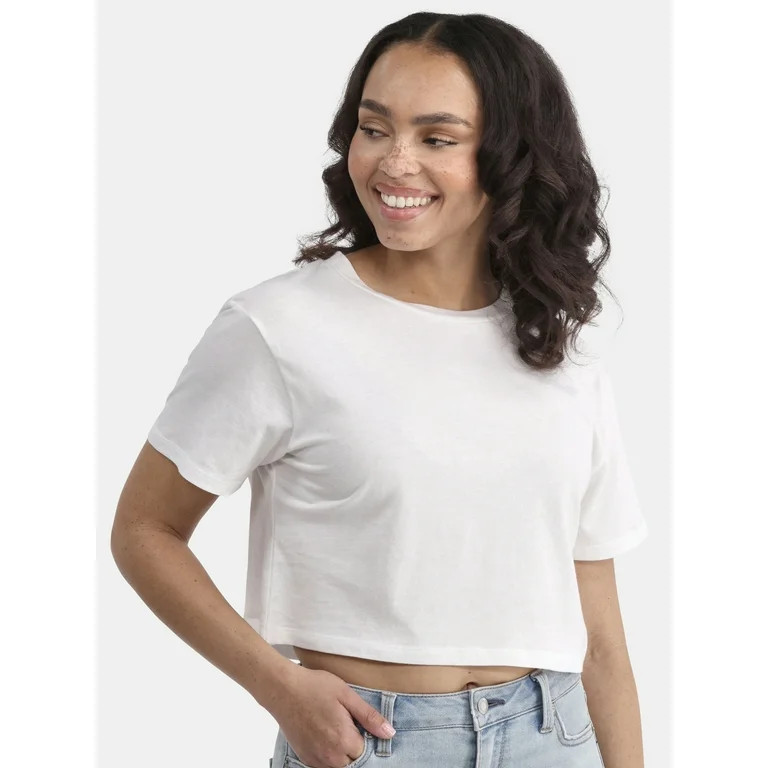 No Boundaries Cropped Boxy Cotton Tee with Short Sleeves, Women's | Walmart (US)