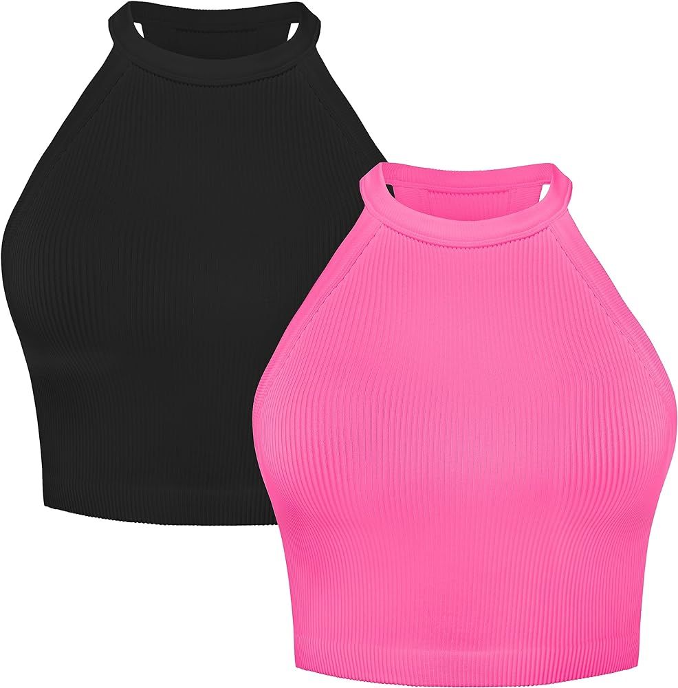 Sunzel Ribbed Tank Tops for Women, Halter High Neck Seamless Cute Crop Top, Basics Sleeveless Wor... | Amazon (US)