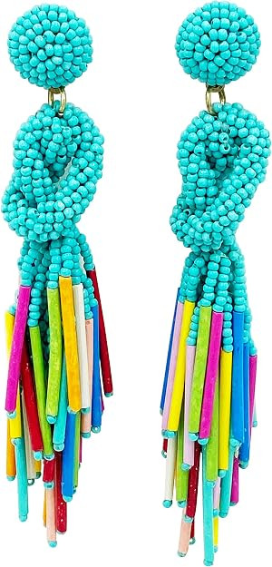 Handmade Beaded Solid Color Post Statement Earrings for Women All Season 4 inch Long | Amazon (US)