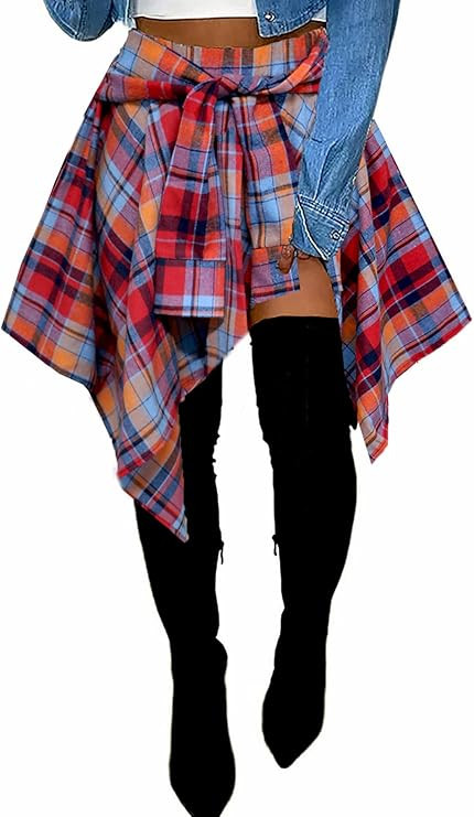 Women's Plaid Skorts Skirts - High Waisted Tie Front Pleated Summer Asymmetrical Skirt with Short... | Amazon (US)