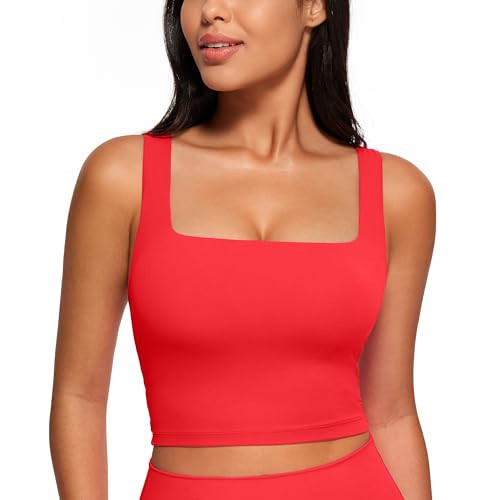 CRZ YOGA Butterluxe Square Neck Crop Tank Tops for Women - Workout Longline Sports Bras Padded Yoga Camisole Deep Red Medium | Amazon (US)