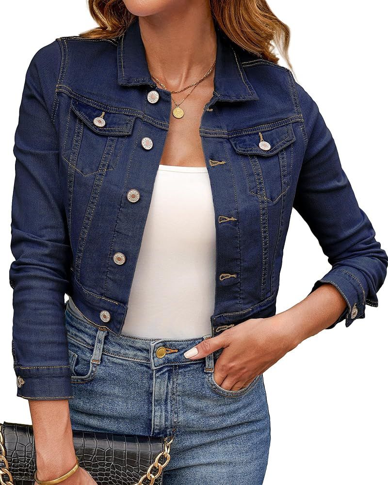luvamia 2023 Cropped Jean Jackets for Women Fashion Short Denim Shacket Jacket Lightweight Fitted... | Amazon (US)