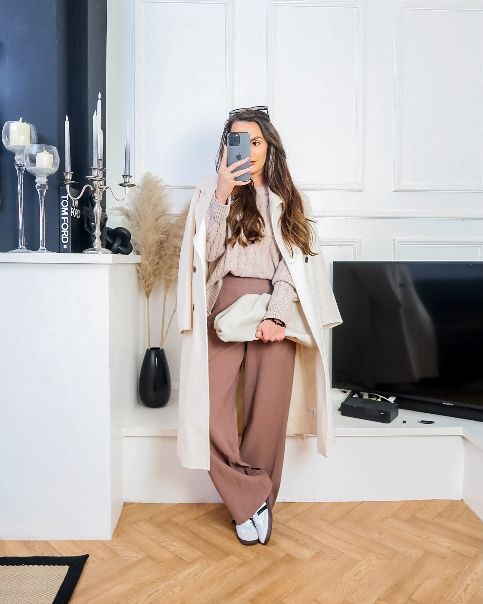 neutral cable knit jumper, cable knit sweater, neutral knit, Ralph Lauren knit, taupe outfit, white wool coat, cream double breasted coat, neutral tailored wool coat, taupe tailored trousers, brown high waist trousers, neutral outfit idea, colour blocking outfit, dusky pink outfit, dusk trousers, adidas sambas, samba outfit, monochrome outfit, smart but casual, pouch bag, pouch clutch, daily outfit ideas 

#LTKworkwear #LTKstyletip #LTKeurope