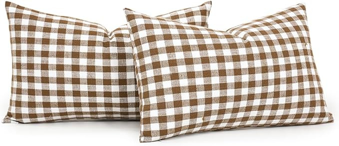 CARRIE HOME Buffalo Plaid Lumbar Pillow Covers 12x20 Set of 2, Khaki and White Gingham Check Lumb... | Amazon (US)