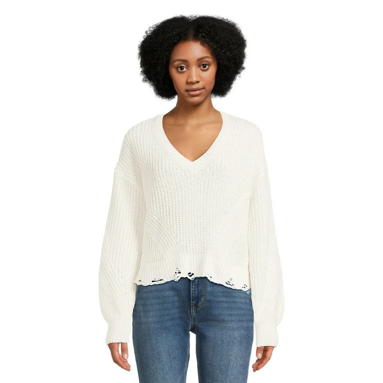 No Boundaries Juniors Chenille V-Neck Sweater, Sizes XS-3XL | Walmart (US)