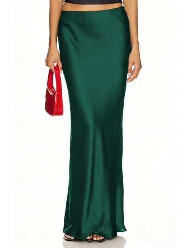 2026 Women's Satin Maxi Skirt Elastic High Waisted Elegant Flowy A-Line Polka Dots Silk Long Skirts for Women. Dark Green | Amazon (US)