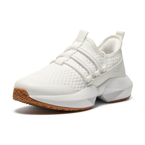 HEEZ Women's Fashion Slip On Sneakers, Non Slip Casual Walking Running Tennis Shoes, Breathable Lightweight Workout Shoes with Arch Support, Memory Foam & EVA Insole, EVA & TPR Outsole, Size 9 White | Amazon (US)