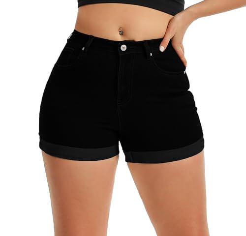 Pnadty Women's Summer High Waisted Stretch Denim Shorts Casual Folded Hem Jean Shorts | Amazon (US)