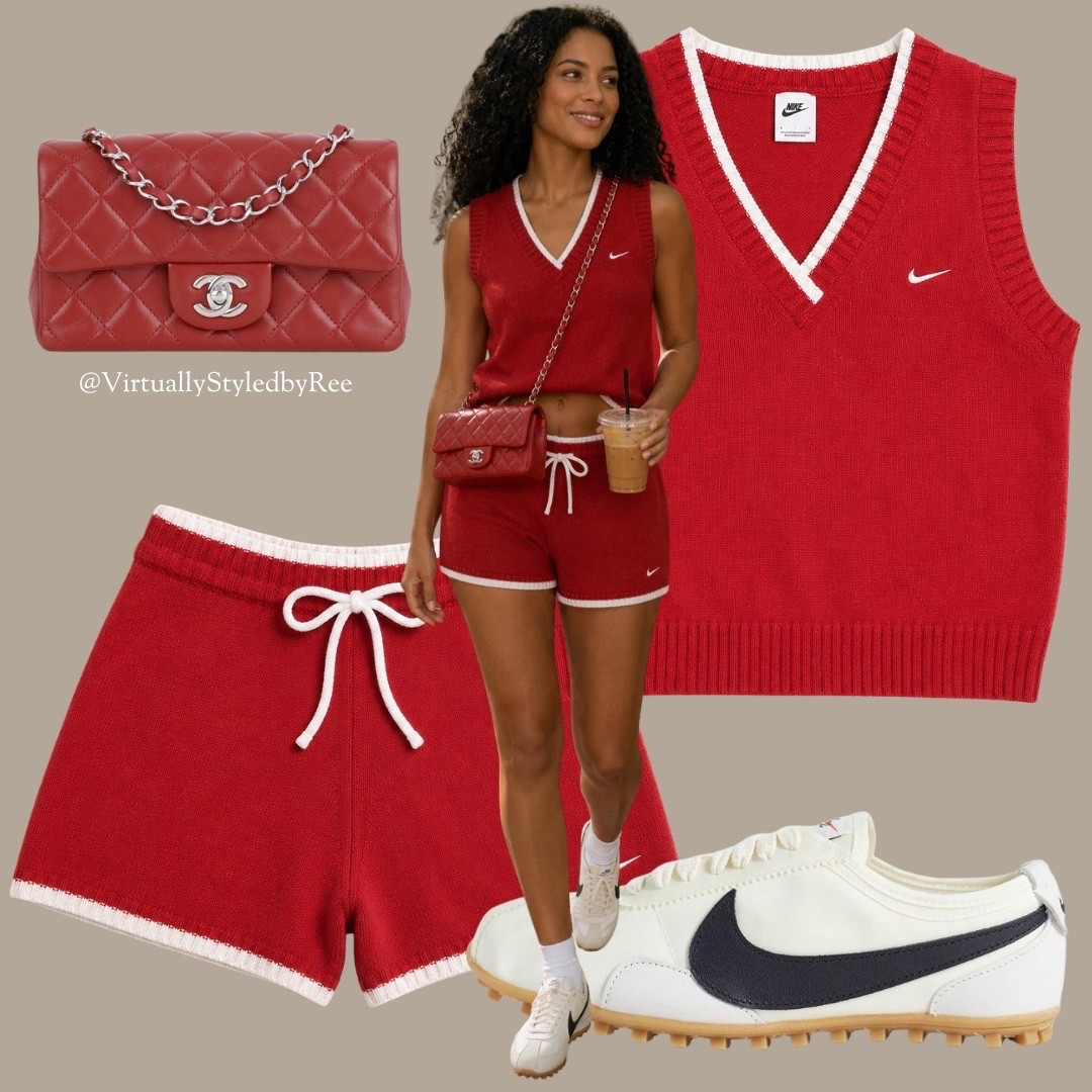 Red hot for autumn 🍂🔴

Leaning into varsity vibes with this Nike knitted vest and matching knit shorts combo, the white trim detail is everything! Paired it with a mini Chanel flap for a little polish and sporty look trainers to keep it casual ☕️🌳

#LTKuk #LTKautumn #LTKeurope