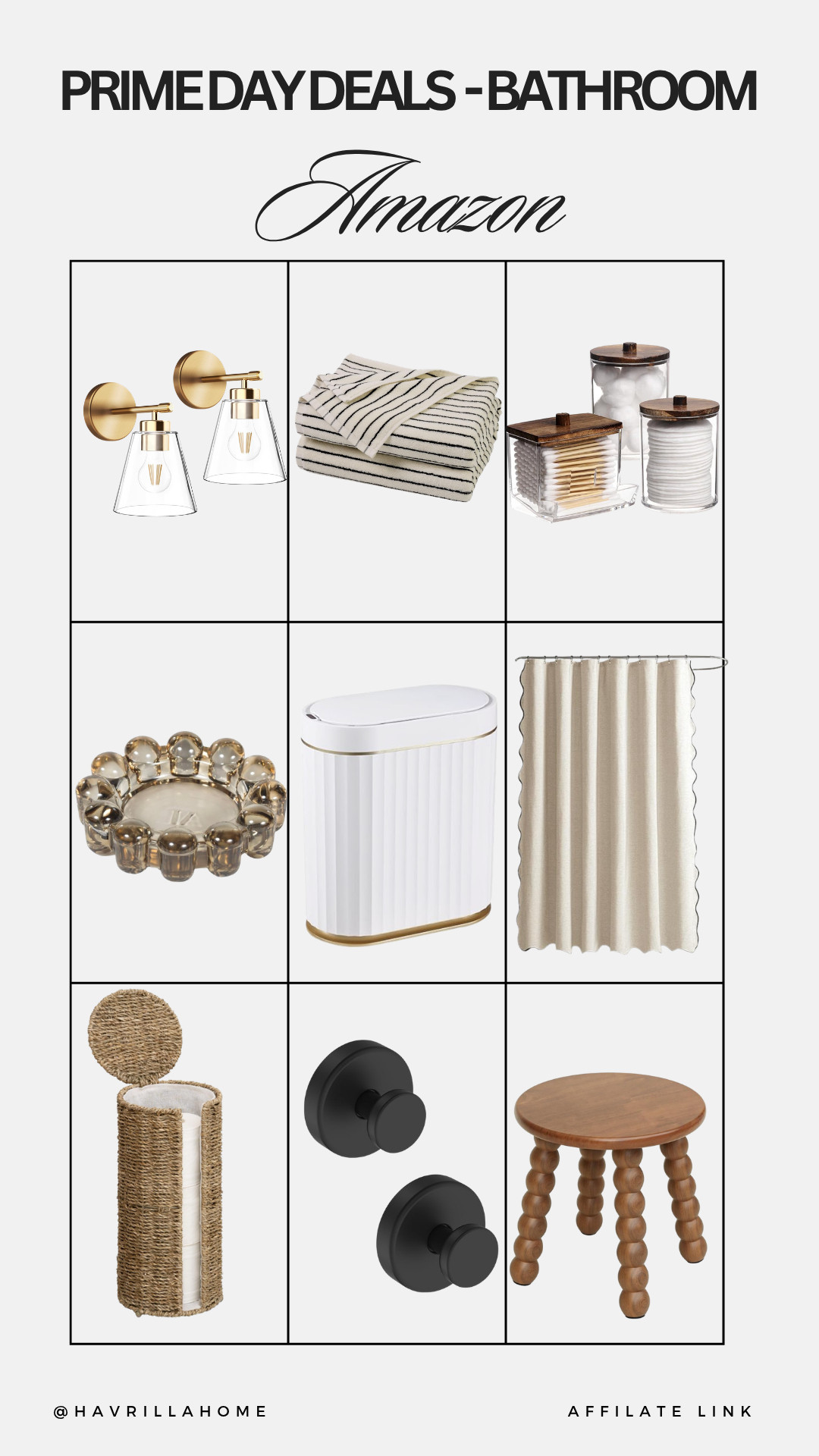 Prime Day Deals Bathroom, bathroom decor, bathroom organization, Prime Day bathroom deals, Amazon bathroom finds, bathroom lighting, vanity lights, striped bath towels, cotton bath towels, bathroom storage jars, cotton ball holder, bathroom accessories, decorative tray, bathroom trash can, shower curtain, woven toilet paper basket, wall hooks, matte black hooks, wooden stool, spa bathroom decor, neutral bathroom decor, bathroom makeover, affordable bathroom decor, guest bathroom ideas, Amazon home finds

#LTKHome #LTKSaleAlert
