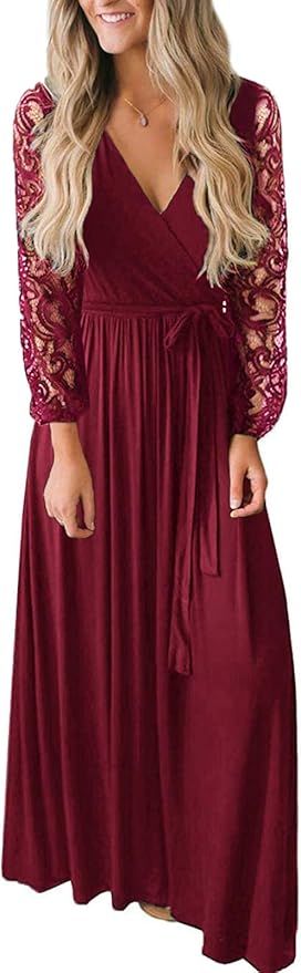 Kranda Womens Vintage Floral Lace Long Sleeve Faux Wrap V Neck Party Long Maxi Dress | Amazon (US)