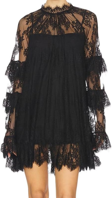 Women See Through Long Sleeve Lace Mini Dress Ruffle Layered Sheer Lace Short Dresses Sexy Going ... | Amazon (US)