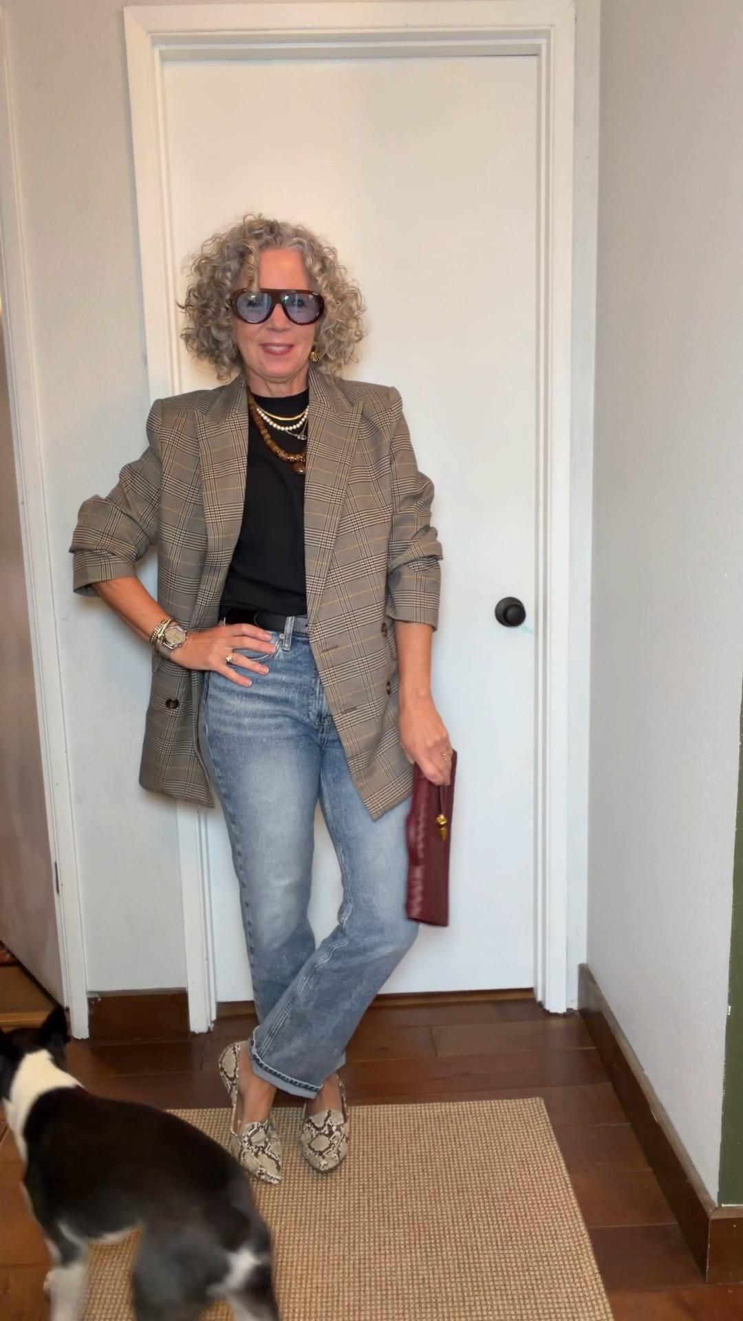 Styling a houndstooth blazer. I’m 5’4
@oldnavy small oversized blazer
@gap straight leg jeans size 6
@hm brown jeans size 6 i would size up 1
@amazon striped tee, necklace, sunglasses
@amazon striped tee small
@gap black tee small
@hm white button up shirt small
@walmart brown belt small
@dsw snakeskin loafers tts
@allyshoes brown and white loafers tts
@amazon fish sweater small 
@amazon travel pants small these are so comfy. Color coffee 
@quince brown tote, green bag 
@paris64 small brown triangle bag 
My slip skirt and brown Mary Jane’s are older, I linked some cute options.
