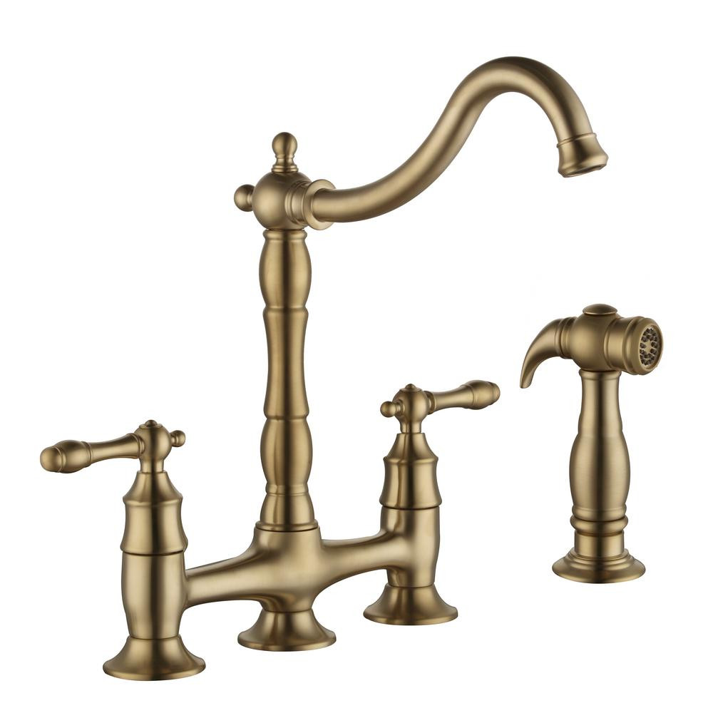 Lyndhurst 2-Handle Bridge Kitchen Faucet with Side Sprayer in Matte Gold | The Home Depot
