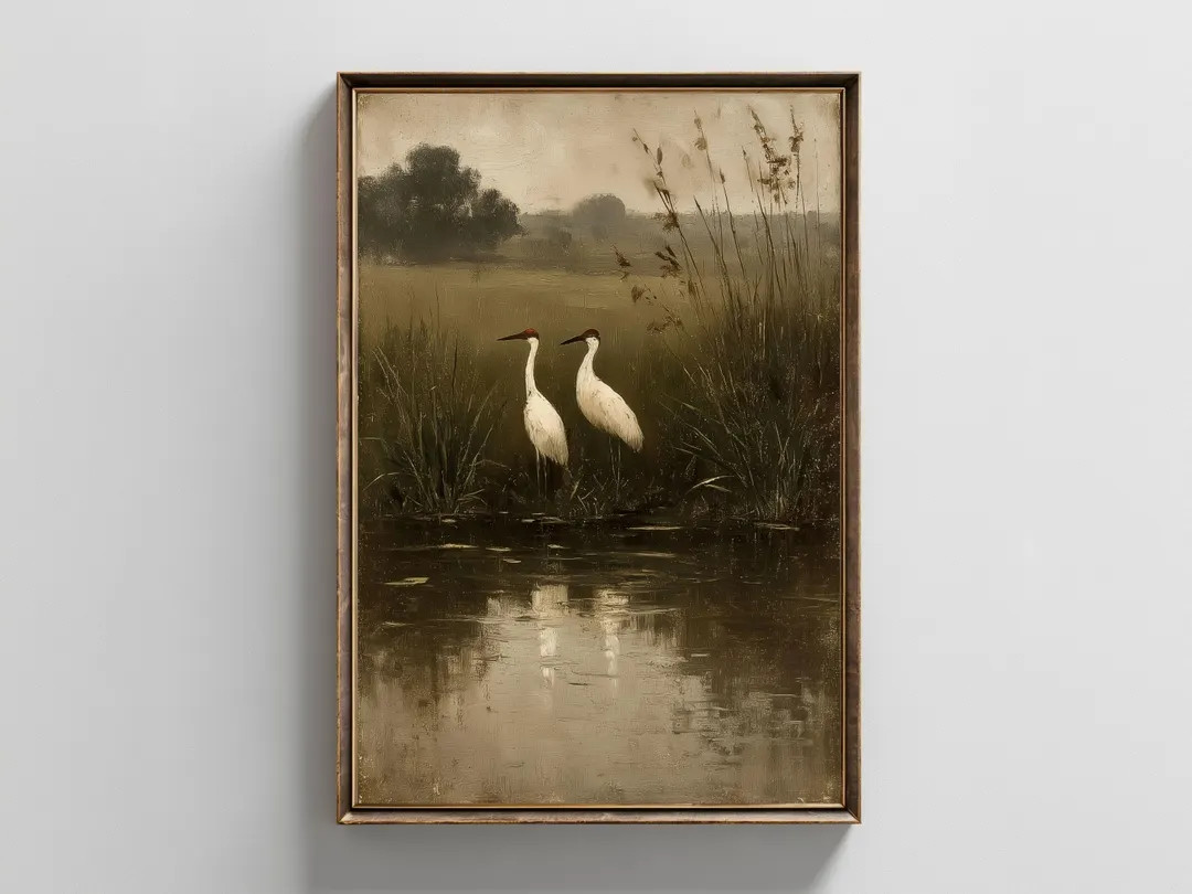 Cranes by Marsh Print: Antique Landscape Wall Art (digital Download) - Etsy | Etsy (US)