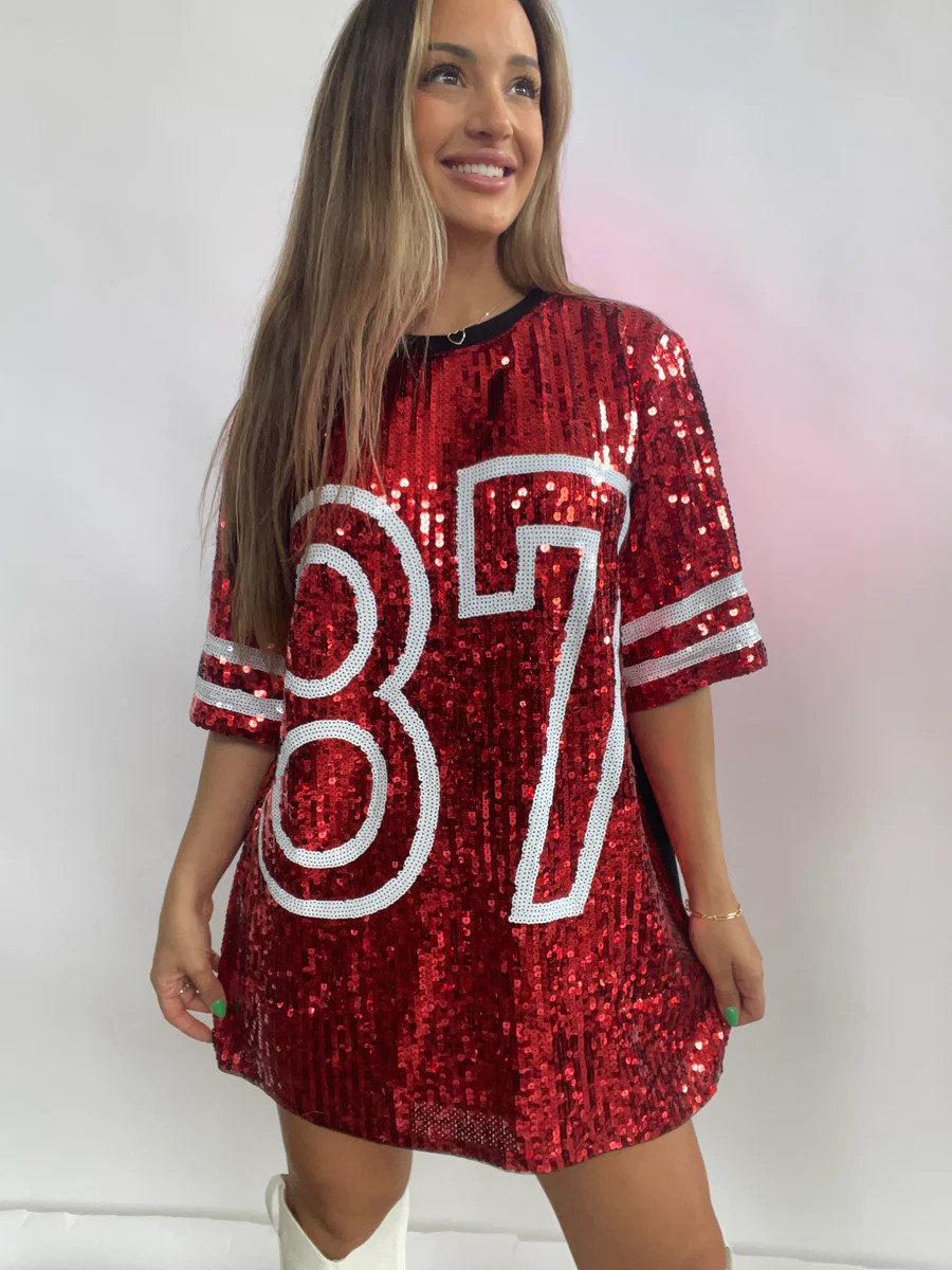Number 87 Sequin Dress - Red and White | Willow Boutique