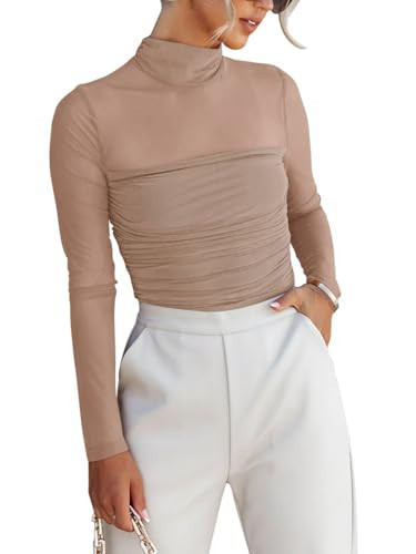 REORIA Women’s Fall Fashion Sexy Long Sleeve Mock Turtle Neck Sheer Mesh Slim Fit Ruched Night Out Leotard Bodysuits Tops Khaki X-Large | Amazon (US)